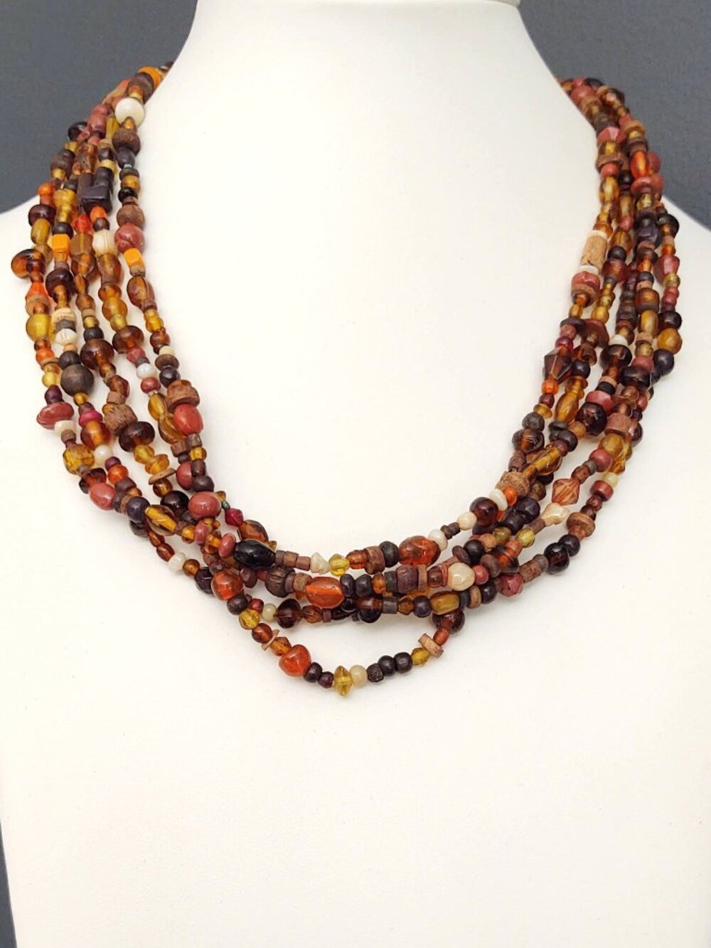 5 strand wood, glass, ceramic and stone necklace
